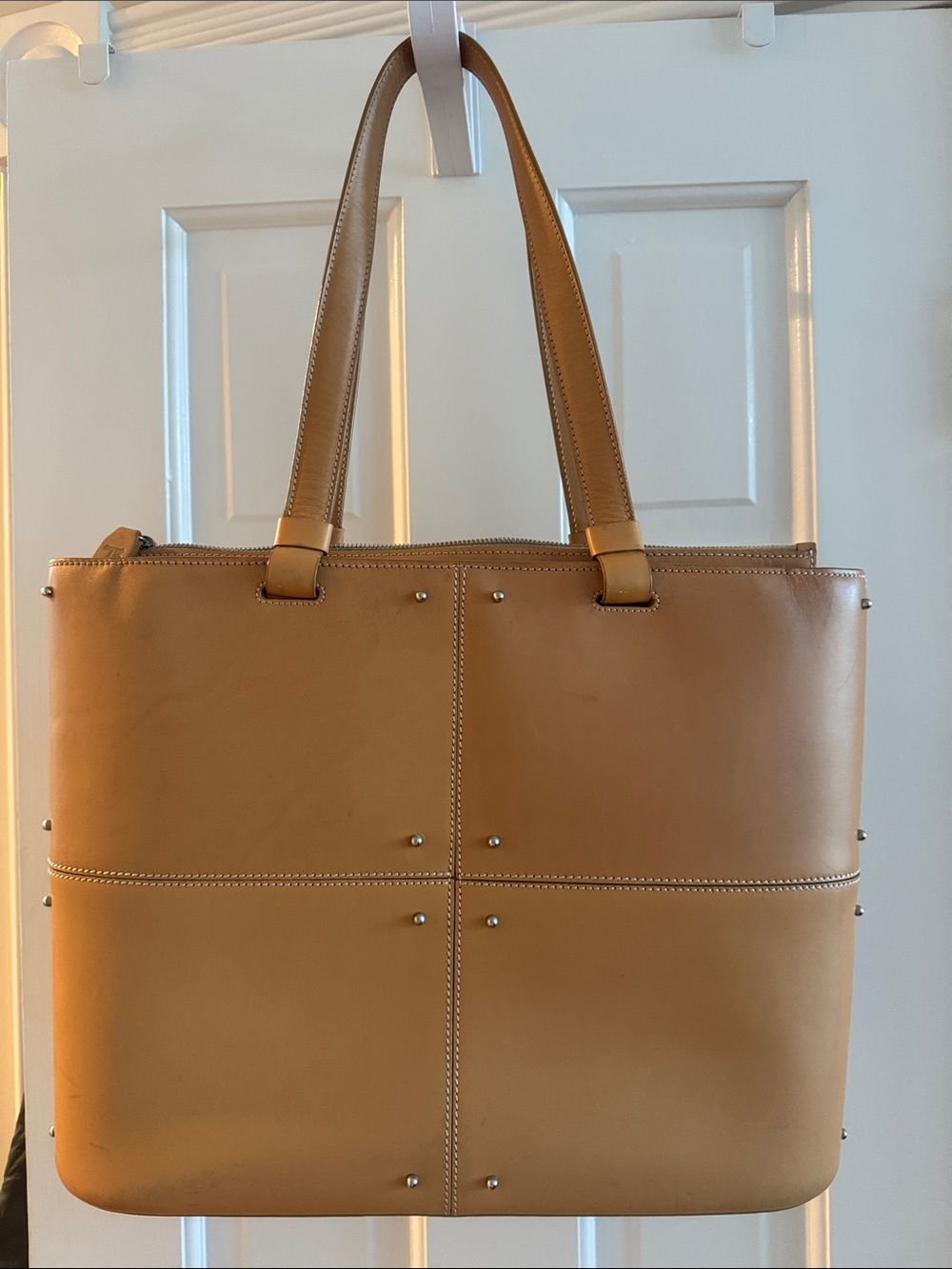 JPTods Structured Tan Leather Tote with Stud Accent